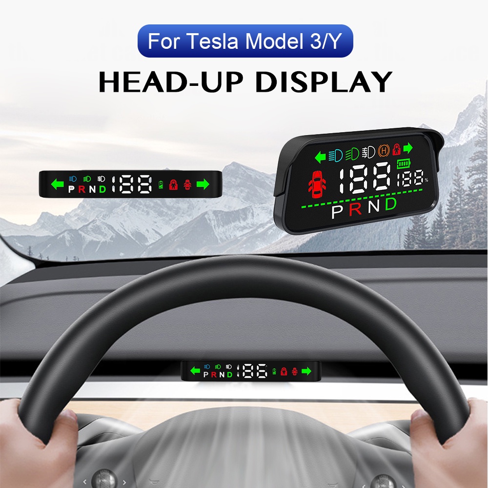 HUD Cho Mẫu Tesla Model 3 Y 2016-2023 Đầu Xe Ô Tô Hiển Thị Kỹ Thuật Số Đồng Hồ Tốc Độ Báo Biến Tín Hiệu Phanh Đèn báo Pin Bánh Răng