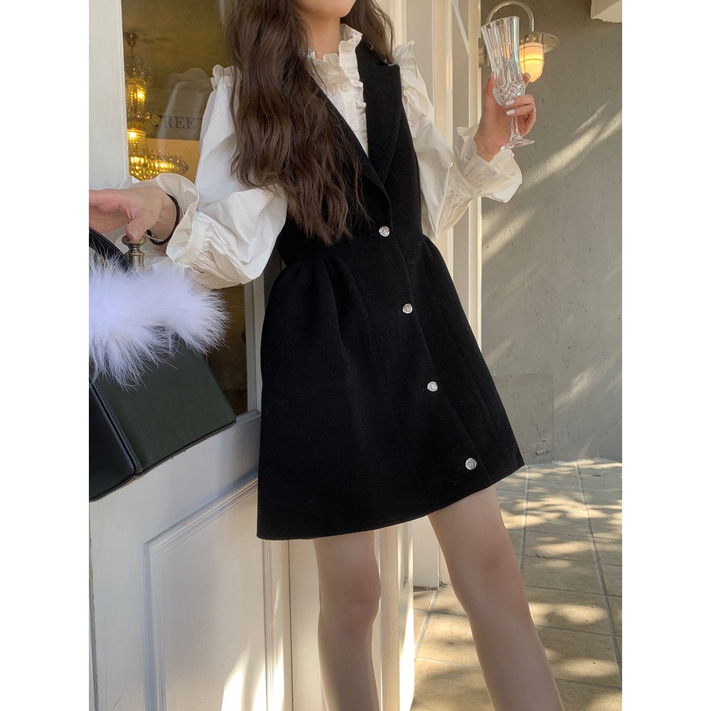 Set Áo Sơ Mi + Đầm Sát Nách Nhấn Eo Phong Cách Hàn Quốc