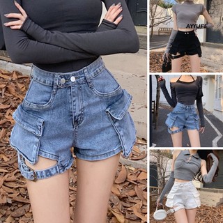 Quần đùi denim AYYUFE lưng cao túi có nắp phối dây đai điều chỉnh được thời trang mùa hè dạo phố sexy retro cho nữ