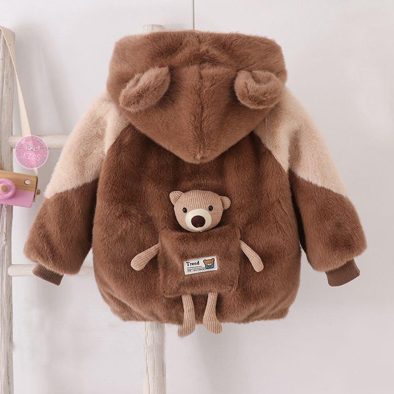 Áo khoác lông lót nỉ họa tiết gấu sau cho bé trai, bé gái size 8-20kg