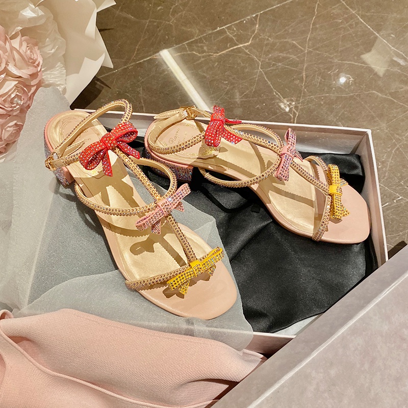 Giày Sandal Cao Gót Hở Ngón Quai Da Thật Đính Đá Phối Khóa Nơ Thời Trang Nữ Thanh Lịch