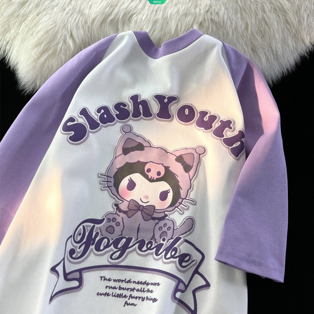Phim hoạt hình kuromi cinnamoroll melody in splicing short sleeve t-shirt màu va chạm áo sơ mi cô gái sáng tạo ngọt ngào 2023 mùa hè mới áo rời đa năng