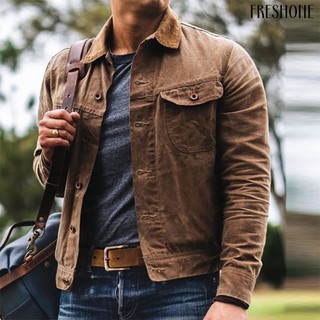 [fo] Nam fall jacket turn-down collar single-breasted buttons pocket solid color long sleeves soft streetwear men vintage coat