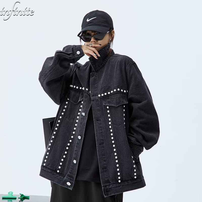 Infinite men's jacket thời trang mới phong cách mỹ hip-hop đính hạt niche thiết kế cao cấp áo khoác denim rửa sạch retro áo khoác cũ-thời trang