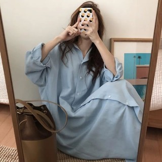 Long-sleeved dress long shirt dress size lớn long dress over-the-knee shirt dress