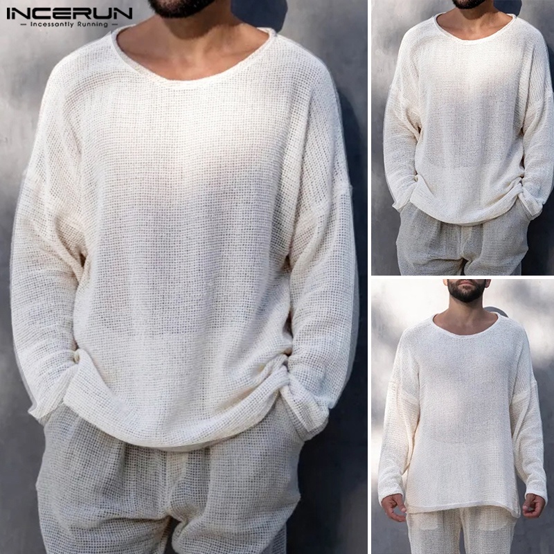 Áo thun INCERUN vải dệt kim nhẹ tay dài phong cách cổ điển thời trang dành cho nam