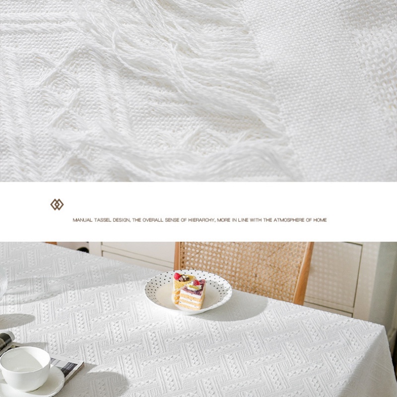 Khăn Trải Bàn Vuông / Tròn Bằng Vải Lanh cotton Phối Tua Rua Trang Trí Bàn Ăn Tối 2 / 4 / 6 / 8