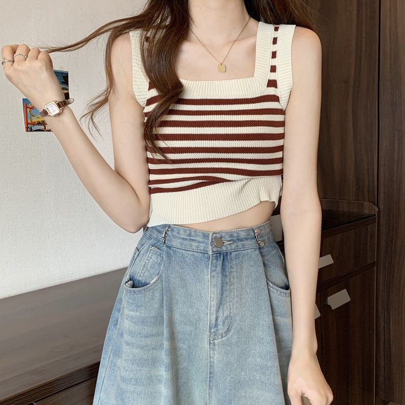 Áo Hai Dây Dệt Kim Họa Tiết Kẻ Sọc Thời Trang Mùa Hè Hàng Mới Dành Cho Bạn Nữ
