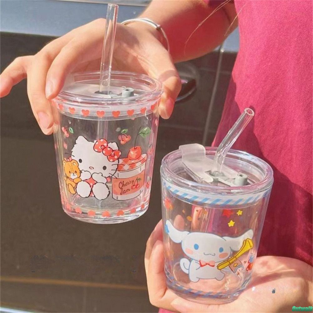 ⚡CÒN HÀNG⚡ Cốc Thủy Tinh Có ống Hút 280ml Sanrio Có Nắp Ống Hút Kuromi Cốc Nước Giải Khát Hello Kitty Chai Thủy Tinh Cốc Cà Phê Sữa Cốc Nước Trẻ Em