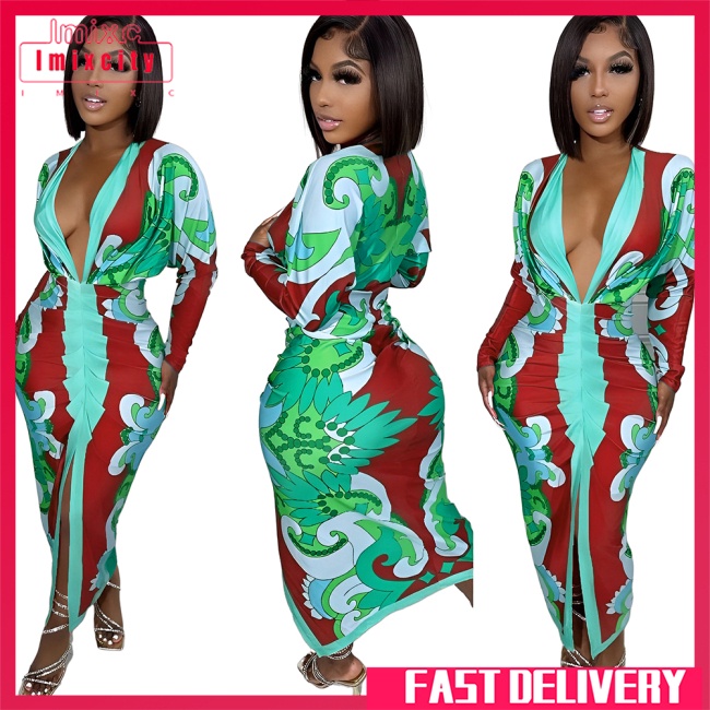 Đầm bodycon IMIXCITY 92% polyester 8% spandex cổ chữ V khoét sâu dài tay thiết kế xẻ tà ôm hông thời trang