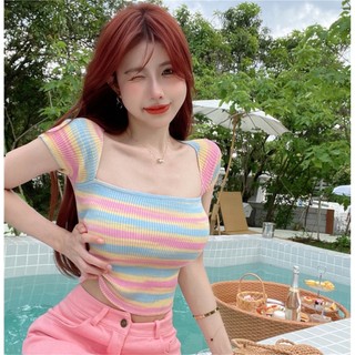 Classy t-shirt nữ mùa hè phong cách mới dệt kim sọc ngắn tay kiểu phương tây thời trang thuần khiết mong muốn hot girl màu ma