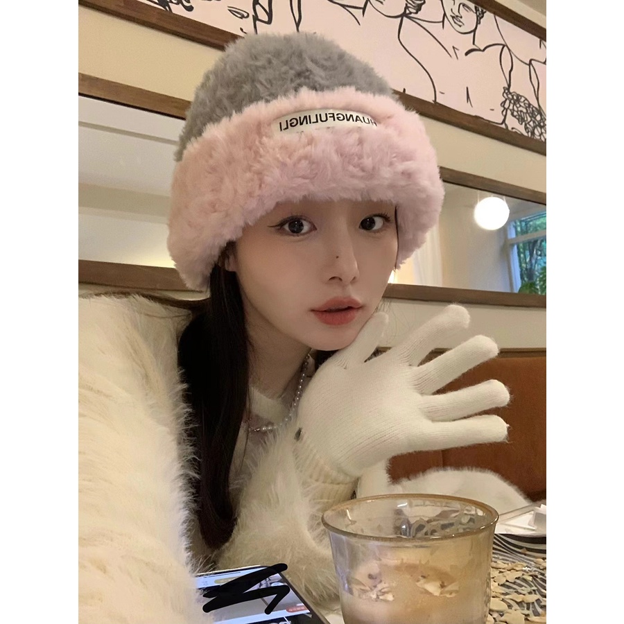 Mũ len phụ nữ thu đông all-match dệt kim toe-baotou hiển thị khuôn mặt nhỏ ấm áp bảo vệ tai uốn cong cạnh lông