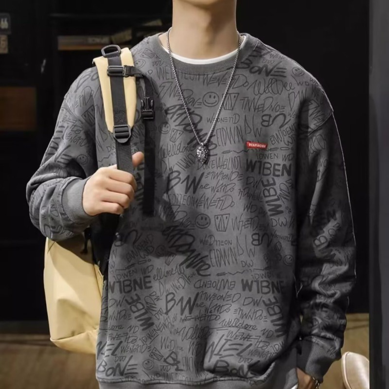 Áo sweatshirt HANLU chất nỉ da lộn dày dặn day tay dáng rộng in chữ cái cho nam