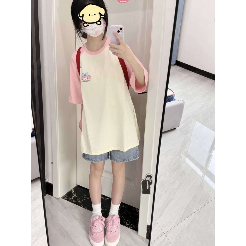 Sanrio hello kitty print t-shirt y2k cartoon quần áo nữ hàn quốc tay ngắn rời áo sơ mi nữ kawaii tops [zxl]