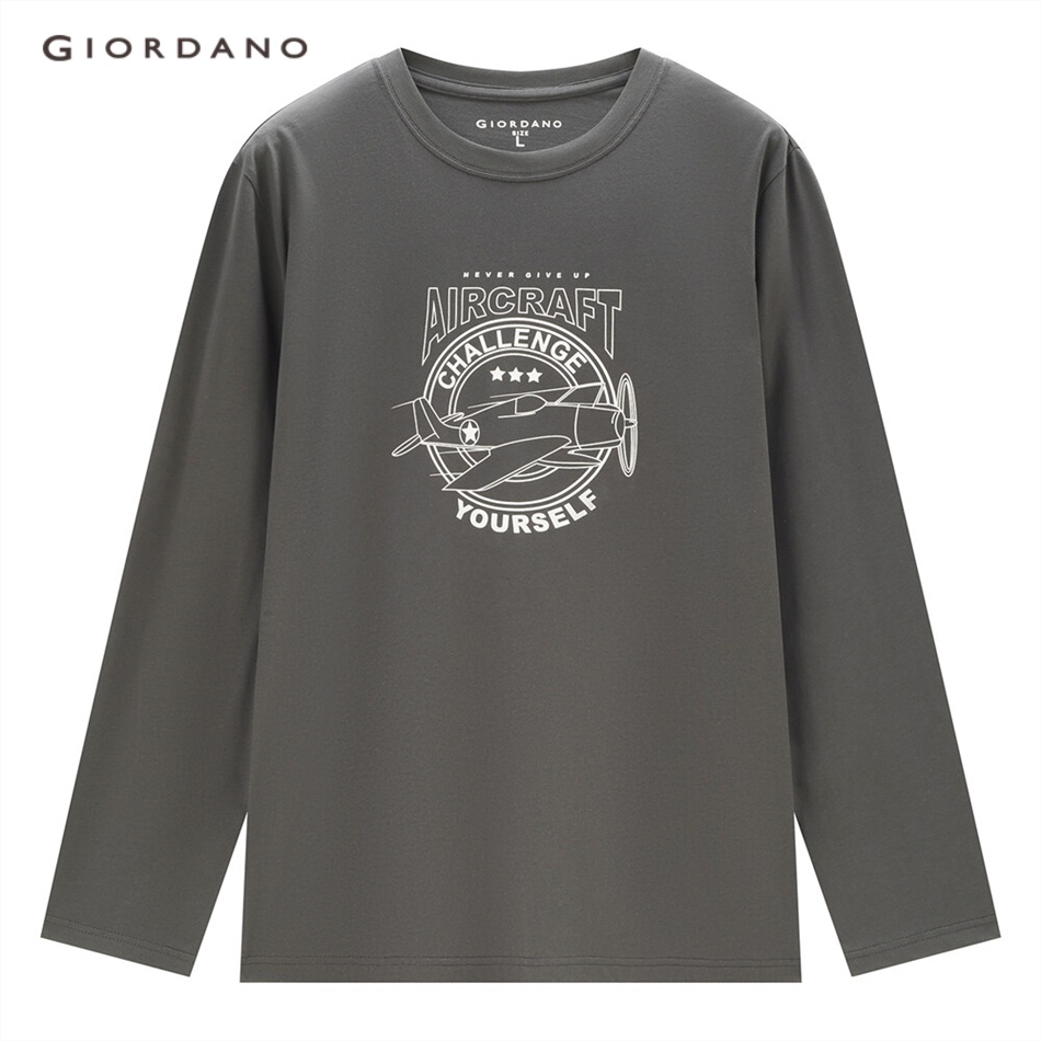 Áo thun GIORDANO 13093793 cotton tay dài in họa tiết cổ điển