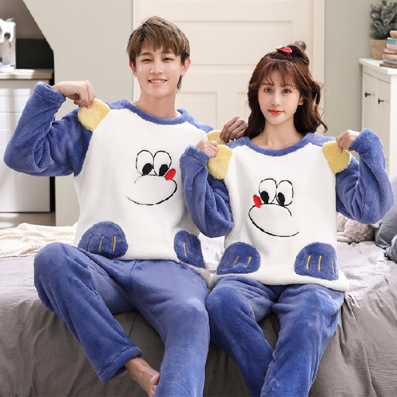Autumn winter couple men women flannel warm long-sleeved pyjamas round neck pullover coral fleece loun