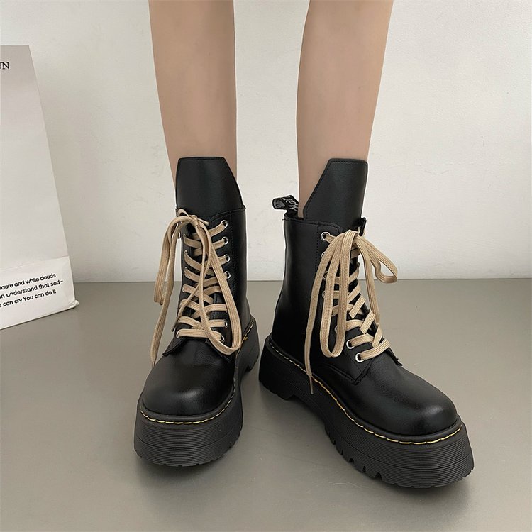 Blackpink cùng phong cách pu nền tảng ngón chân tròn đế martin boots phong cách anh niche ins side zipper dày đế thời trang boots nữ