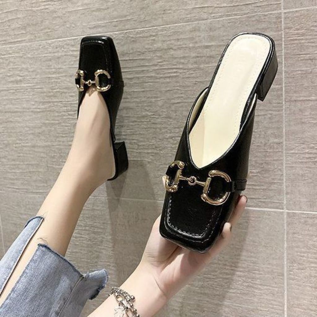 Dép gót dày baotou dành cho nữ giày thời trang xia wanghong ins hyunya 2023 trang phục mới người đàn ông lười đẩy nửa lên với một chân