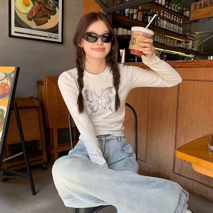 Áo Thun Tay Dài Màu Xám In Hình Bướm Thời Trang Xuân Thu Cho Nữ