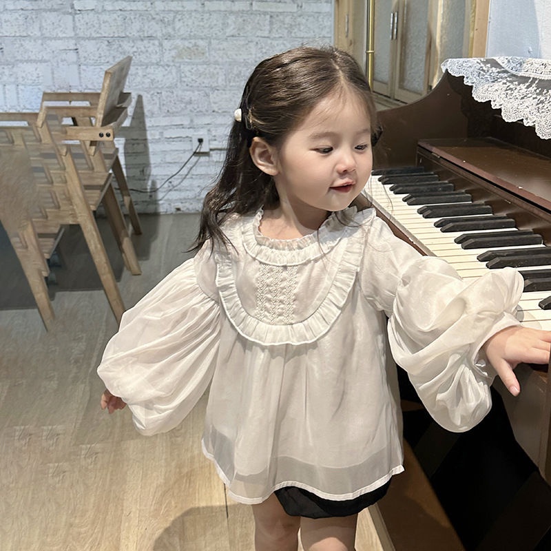 Áo Sơ Mi chiffon Tay Dài Phồng Cổ Tròn Màu Trơn Phong Cách Hàn Quốc Thời Trang Mới 2023 Dành Cho Bé Gái