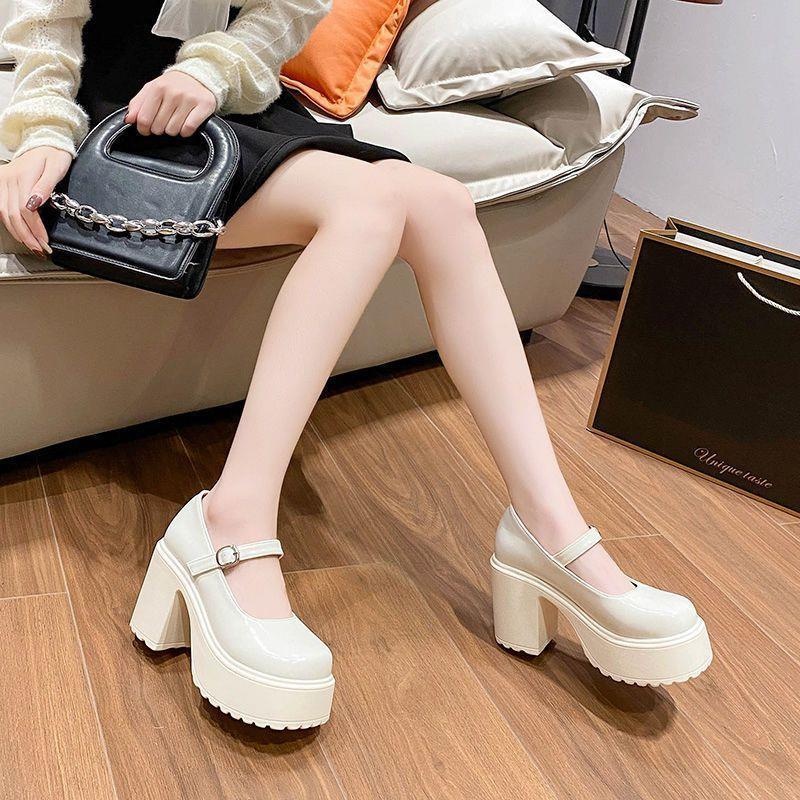 Dễ thương thick-heeled high-heeled small leather shoes women 2023 spring new style thick-soled heightened french retro mary jane shoes women