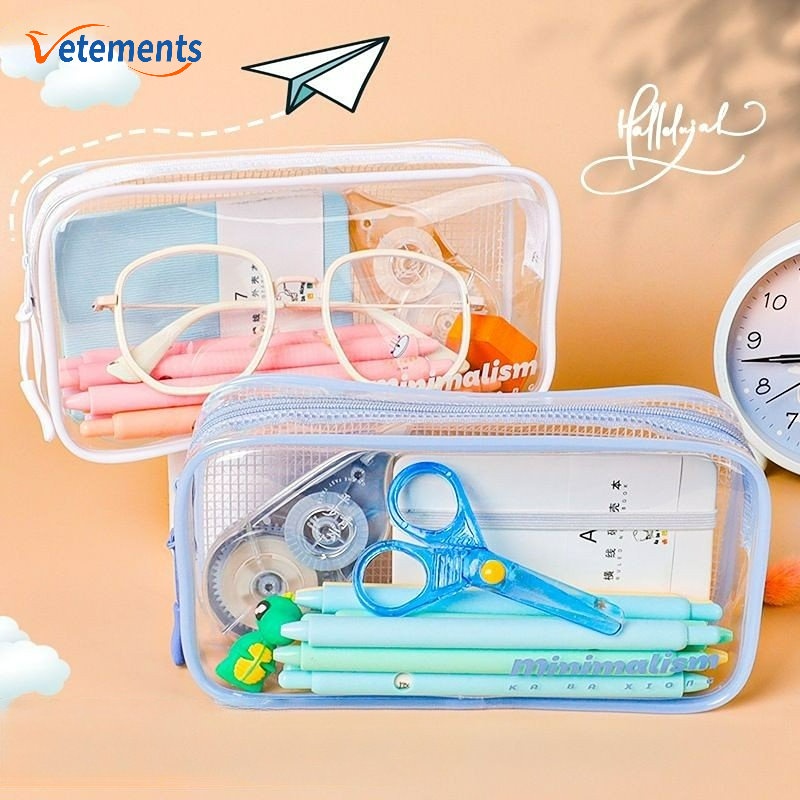 Túi Lưới Đựng Bút Bằng PVC Trong Suốt Chống Nước Sức Chứa Lớn Có Khóa Kéo Cho Học Sinh