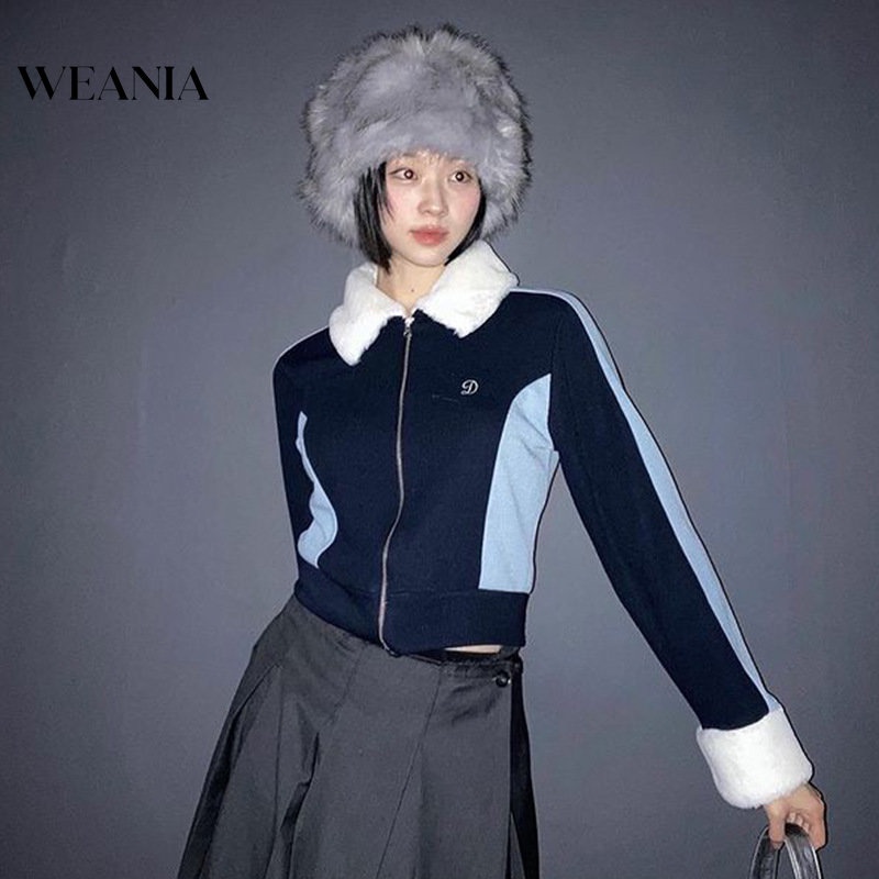 Weania Áo Khoác Cardigan Ngắn Ôm Dáng Cổ Phối Lông Ghép Màu Sắc Phù Hợp Với Nữ