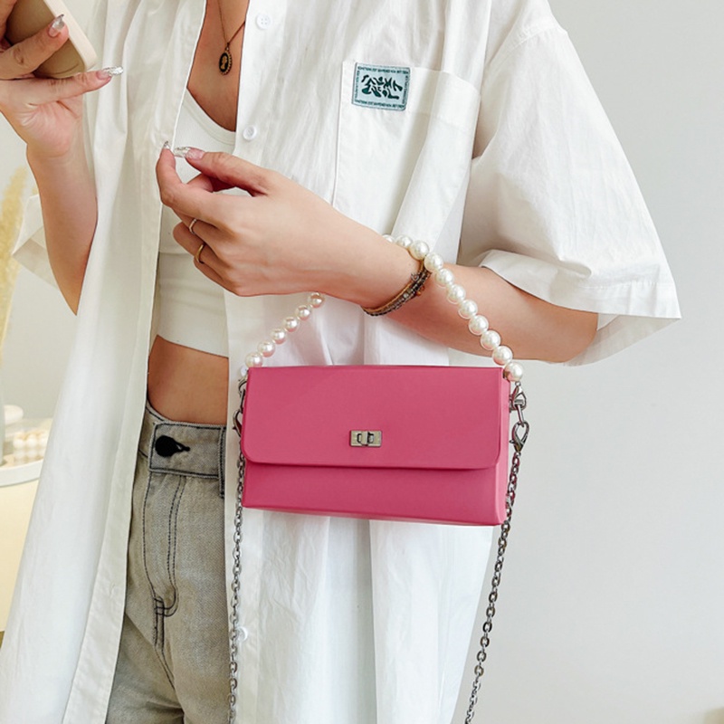 Ielgy Túi Đeo Chéo Vai Hình Chữ Nhật Dây Chuỗi Ngọc Trai Đơn Giản Màu Trơn Phong Cách Nghệ Thuật Cao Cấp Cho Nữ