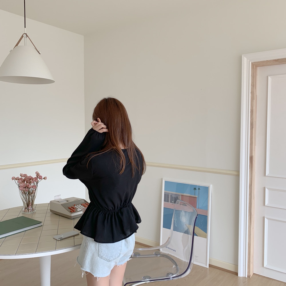 Áo Sơ Mi Dài Tay Cổ Chữ V Eo Co Giãn Phong Cách Hàn Quốc Dành Cho Nữ