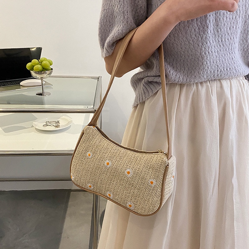 Túi Xách Đan Rơm Đính Hoa Cúc Thời Trang Cho Nữ