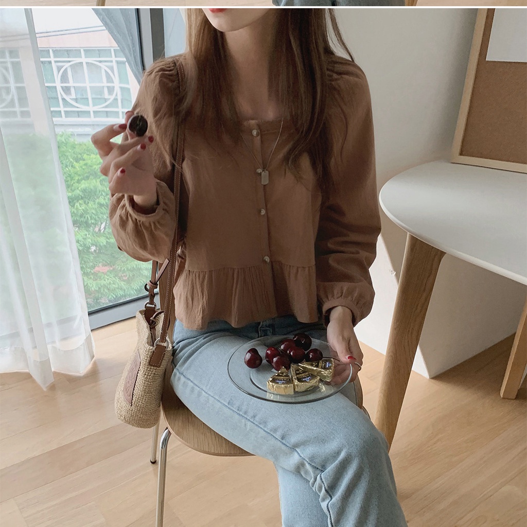 Áo sơ mi SUXI tay dài cổ vuông dáng rộng đơn giản phong cách Hàn Quốc thời trang