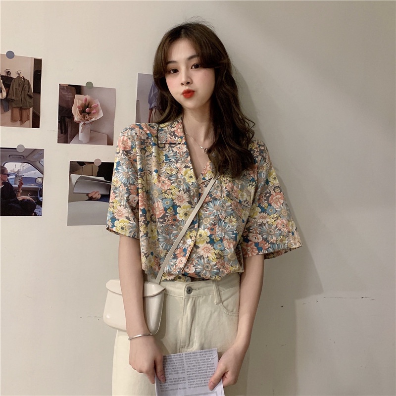 IELGY Áo Sơ Mi chiffon Dáng Rộng Cổ Vest In Họa Tiết Hoa Phong Cách Pháp Thời Trang Cho Nữ