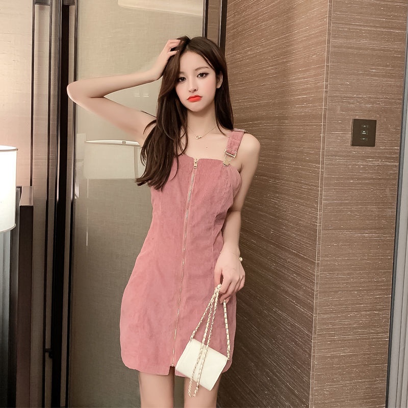 Đầm Hai Dây Ôm Dáng Phối Khóa Kéo Phong Cách Pháp Kiểu Mới Cho Nữ