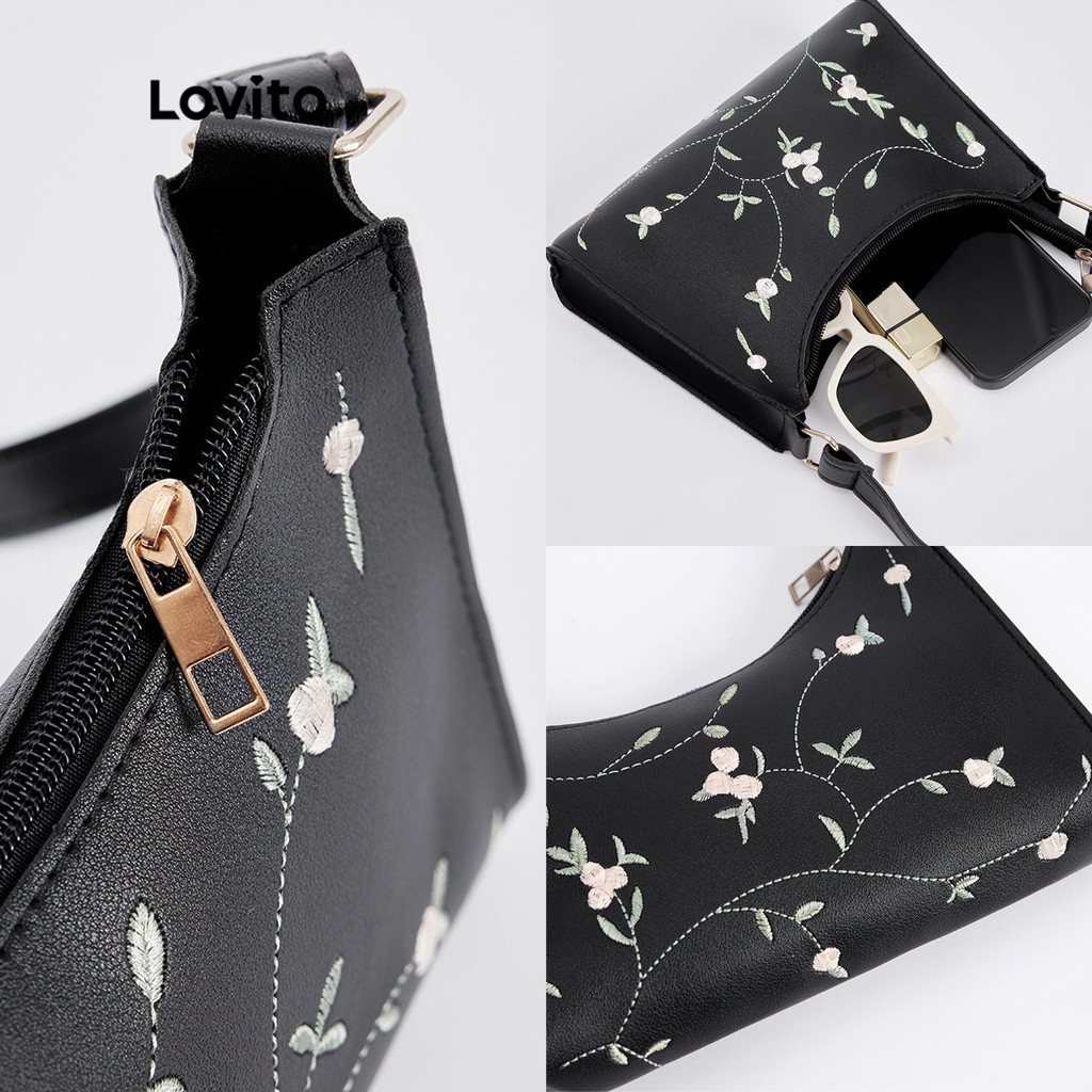 Túi đeo vai LOVITO nhỏ thêu hoa thanh lịch cho nữ L48BA026 (kaki/ trắng/ hồng/ xanh lá/ đen)