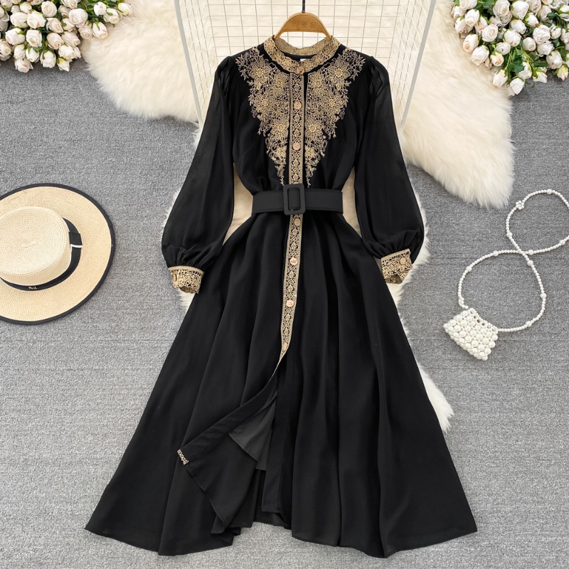 Đầm Chiffon Chữ A Cổ Đứng Thêu Họa Tiết Phong Cách Vintage Thời Trang Cho Nữ