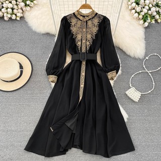 Đầm Chiffon Chữ A Cổ Đứng Thêu Họa Tiết Phong Cách Vintage Thời Trang Cho Nữ