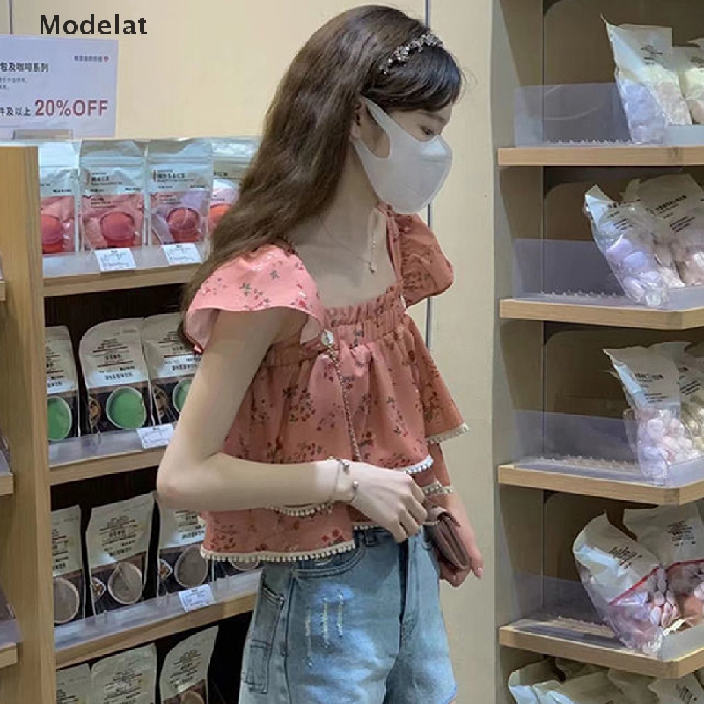 Áo Croptop Cổ Vuông Tay Cánh Bướm In Họa Tiết Hoa Thời Trang Mùa Hè Xinh Xắn Cho Nữ