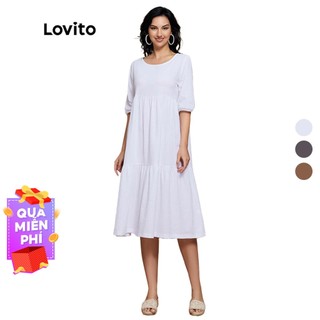 Đầm maxi Lovito chất linen dáng suông rộng cổ tròn xếp nếp tay phồng màu trơn đơn giản L14X001 (màu trắng)