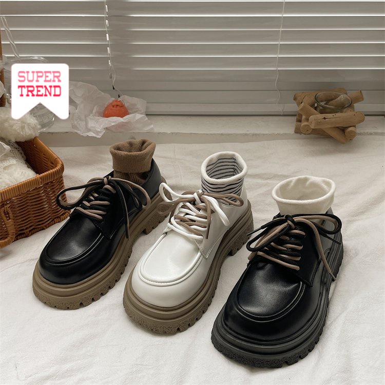 Giày Oxford Mũi Tròn Cột Dây Màu Trơn Đế Dày Thoải Mái Thời Trang Phong Cách Retro