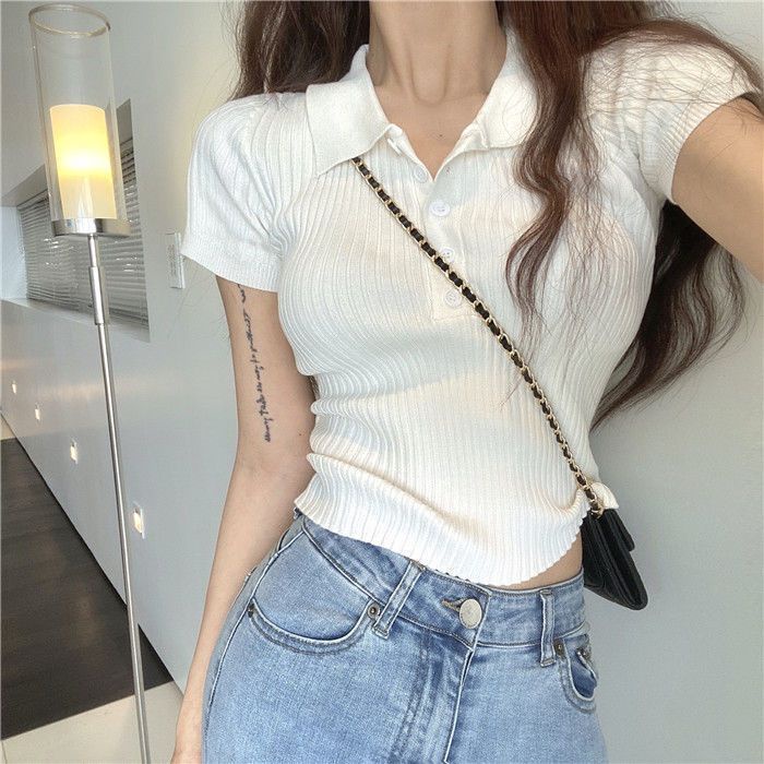 Người phụ nữ thời trang polo đan móc cộc tay áo khoác cái áo thun cộc tay lớn thước phong cách mùa hè nóng bỏng Han Ban XiuShen ghi rõ trong gầy DaDe áo khoác màu trắng khoác ra