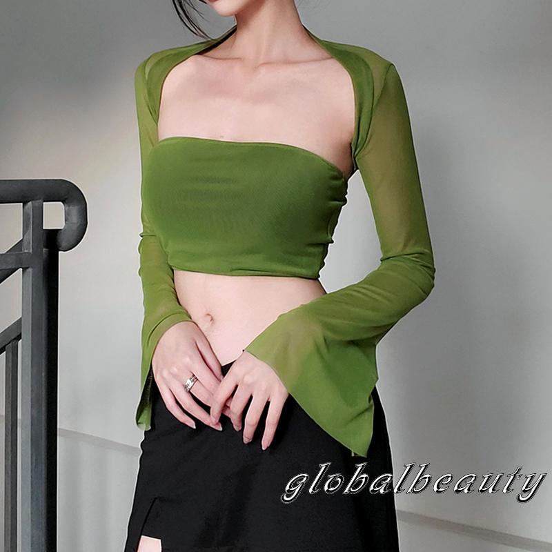 Set Áo Trễ Vai Không Tay 00GB + Áo Lưới Dài Tay Màu Sắc Trơn Dành Cho Nữ