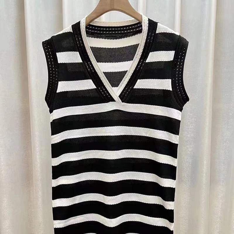 IELGY   Đầm Dệt Kim Sát Nách Kẻ Sọc Ngang Phong Cách retro hong kong Cho Nữ