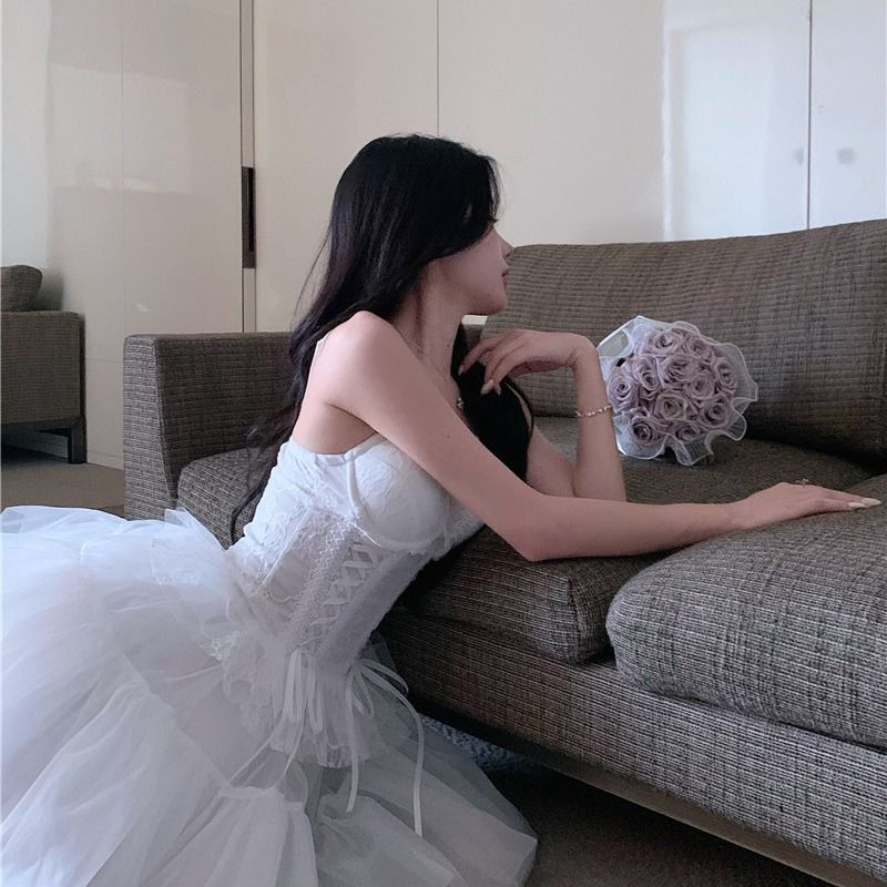 Set Áo Hai Dây + Chân Váy Lưới Màu Trắng Thiết Kế Mới Thời Trang Mùa Hè 2023 Theo Phong Cách Hàn Quốc