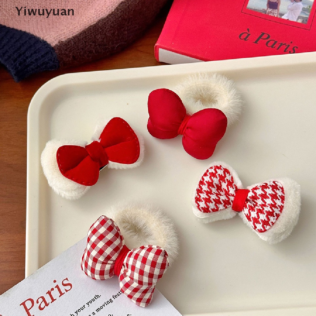 < Yiwuyuan > Kẹp Tóc Nơ Vải Lông Màu Trắng Đỏ Đáng Yêu Thời Trang Thu Đông Dành Cho Bé Gái
