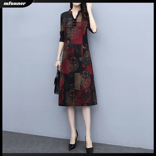 Đầm Dài Tay Cổ Chữ V Form Rộng Phong Cách Retro Cho Nữ