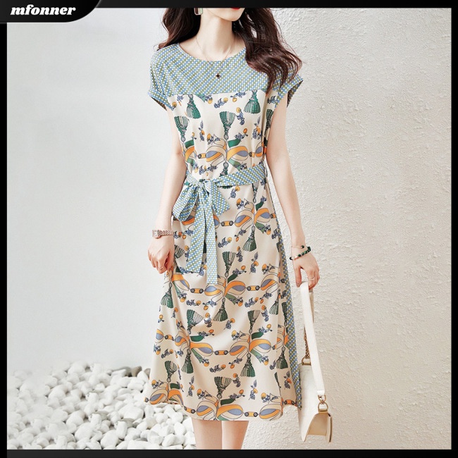 Đầm Dáng Chữ A Tay Ngắn Cổ Tròn Cột Dây In Họa Tiết Cổ Điển Thời Trang Mùa Hè Xinh Xắn Cho Nữ