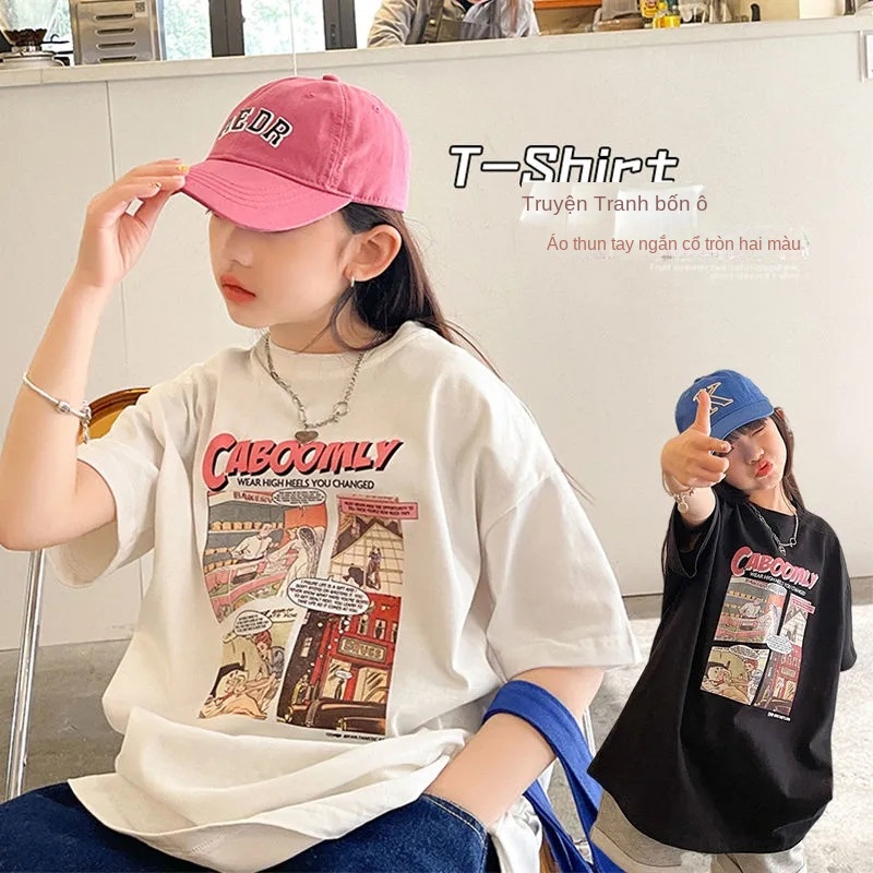 Áo Thun cotton Tay Ngắn Dáng Rộng In Họa Tiết Trước Và Sau Lưng Thời Trang Mùa Hè Cho Bé Gái