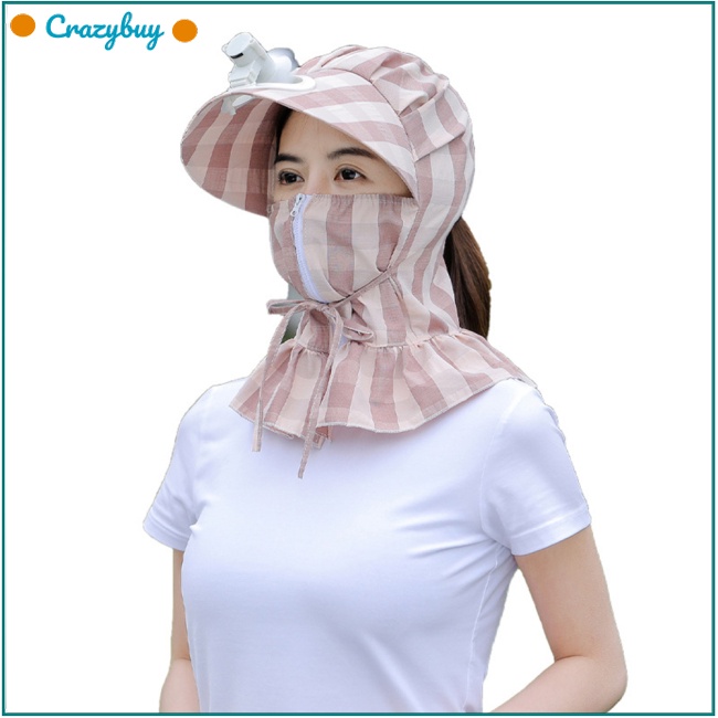 Cr Mũ Chống Nắng Chống Gió Bảo Vệ Mặt Và Cổ Họa Tiết Kẻ Sọc Kèm Quạt