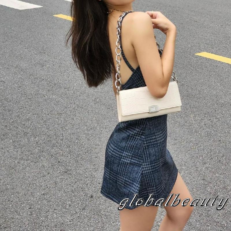 Đầm Hai Dây Mỏng Hở Lưng Họa Tiết Kẻ Sọc Bằng Kim Loại Đơn Giản Cho Nữ