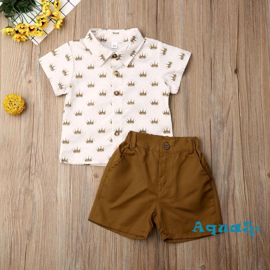 Bộ Áo Thun Cộc Tay In Hình Vương Miện + Quần Short Màu Sắc Cho Bé